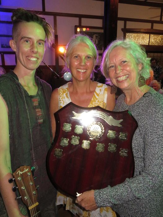 Songwriting Award Jasper Rae was presented with the Perpetual Trophy from sponsor Robyn Moore (right) of McGinty's in Cairns.
